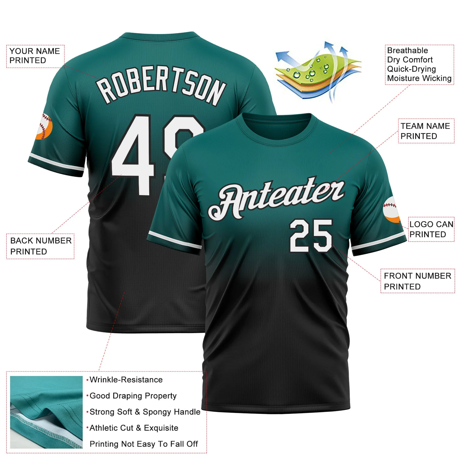 Custom Teal White-Black Fade Fashion Performance T-Shirt - Image 3