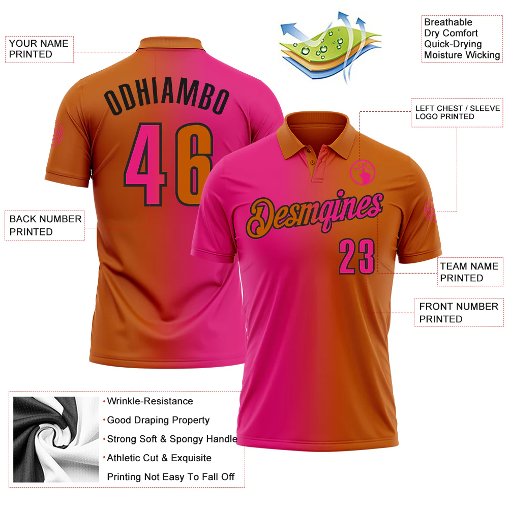 Custom Texas Orange Hot Pink-Black 3D Gradient Fashion Performance Polo Shirt - Image 3