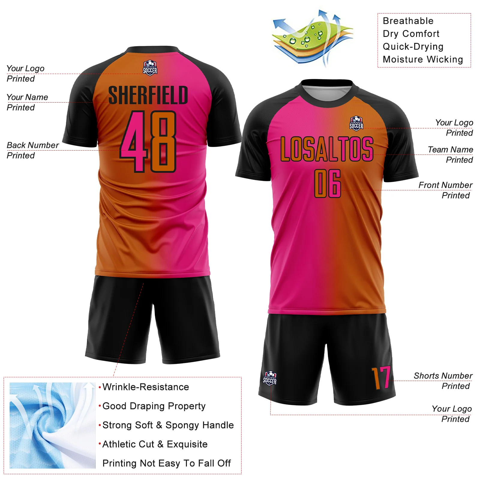 Custom Texas Orange Hot Pink-Black Sublimation Gradient Fashion Soccer Uniform Jersey - Image 4