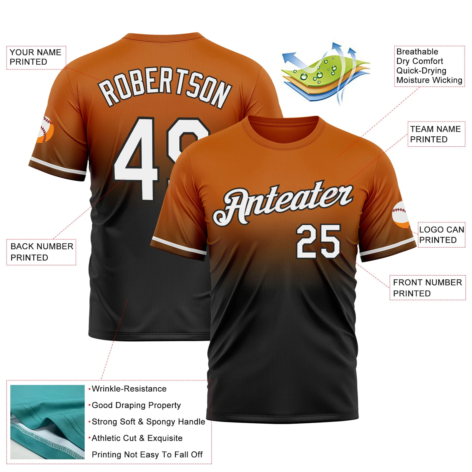 Custom Texas Orange White-Black Fade Fashion Performance T-Shirt - Image 3