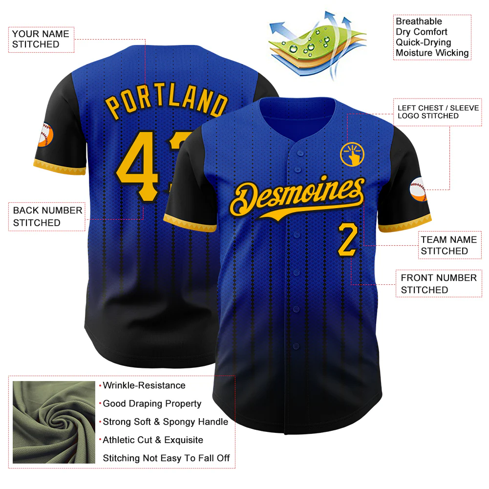 Custom Thunder Blue Gold-Black 3D Pattern Design Gradient Geometric Shape Authentic Baseball Jersey - Image 3