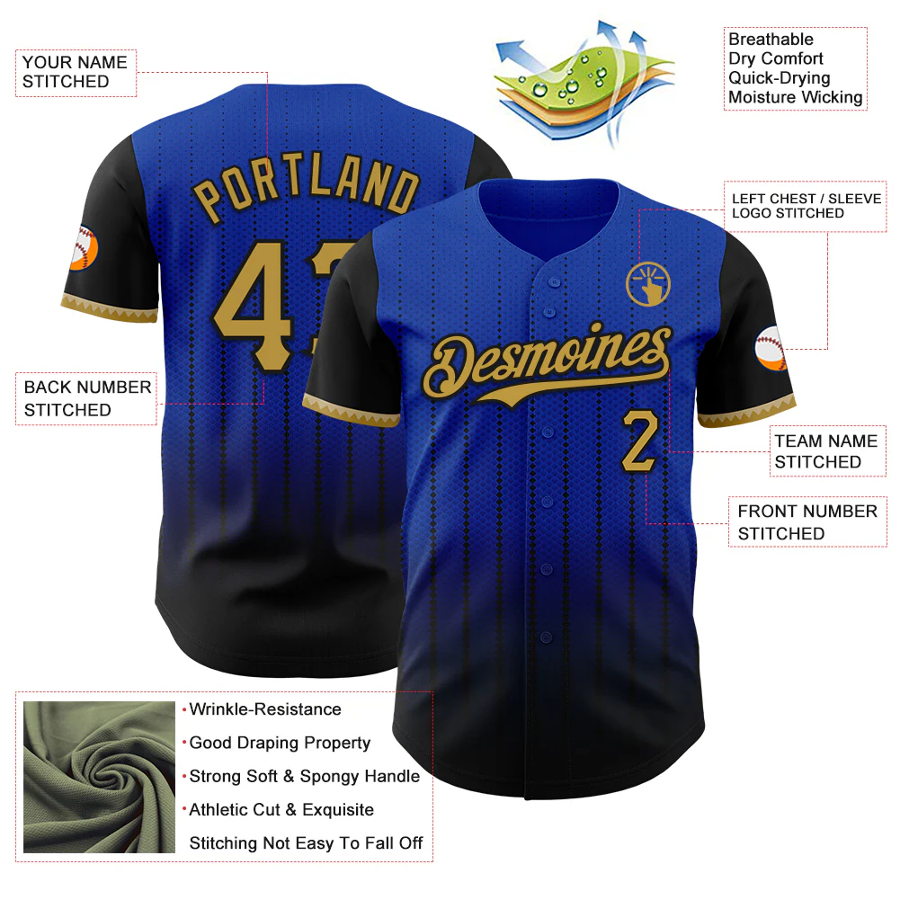 Custom Thunder Blue Old Gold-Black 3D Pattern Design Gradient Geometric Shape Authentic Baseball Jersey - Image 3