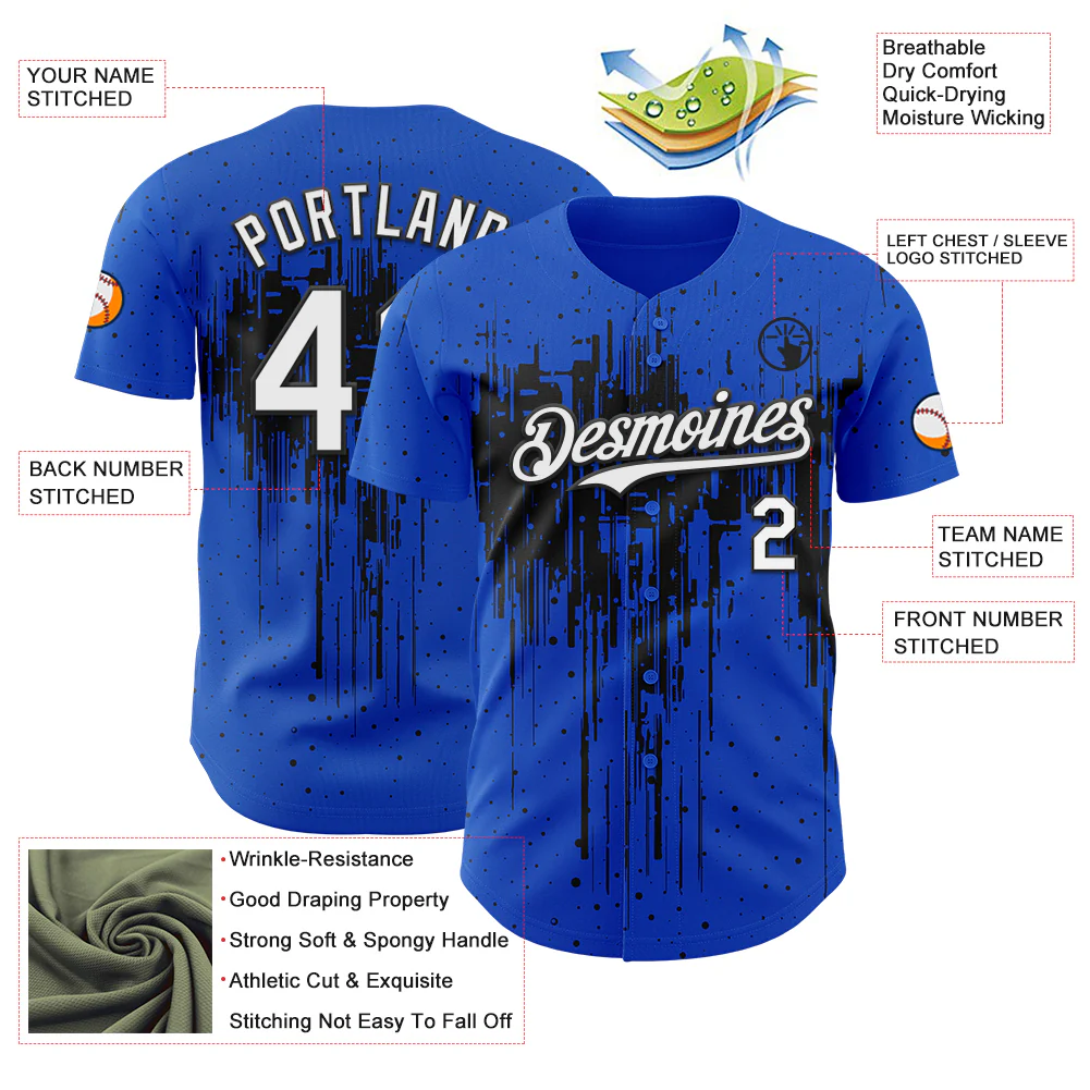 Custom Thunder Blue White-Black Dripping Splatter Paint Authentic Baseball Jersey - Image 3