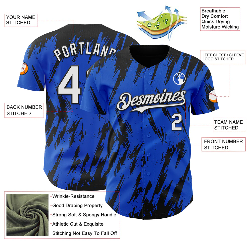 Custom Thunder Blue White-Black Splatter Torn Sharp Brush Stroke Authentic Baseball Jersey - Image 3