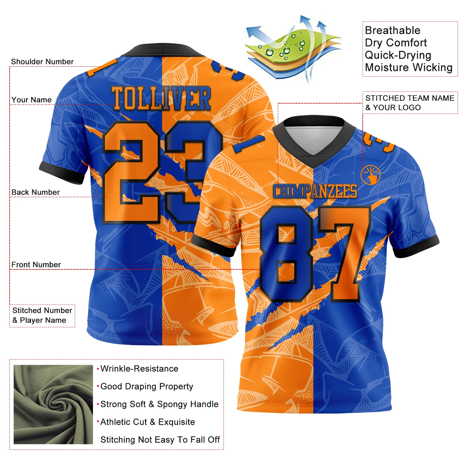Custom Thunder Blue Bay Orange-Black Authentic Gradient Fashion Scratch Football Jersey - Image 3