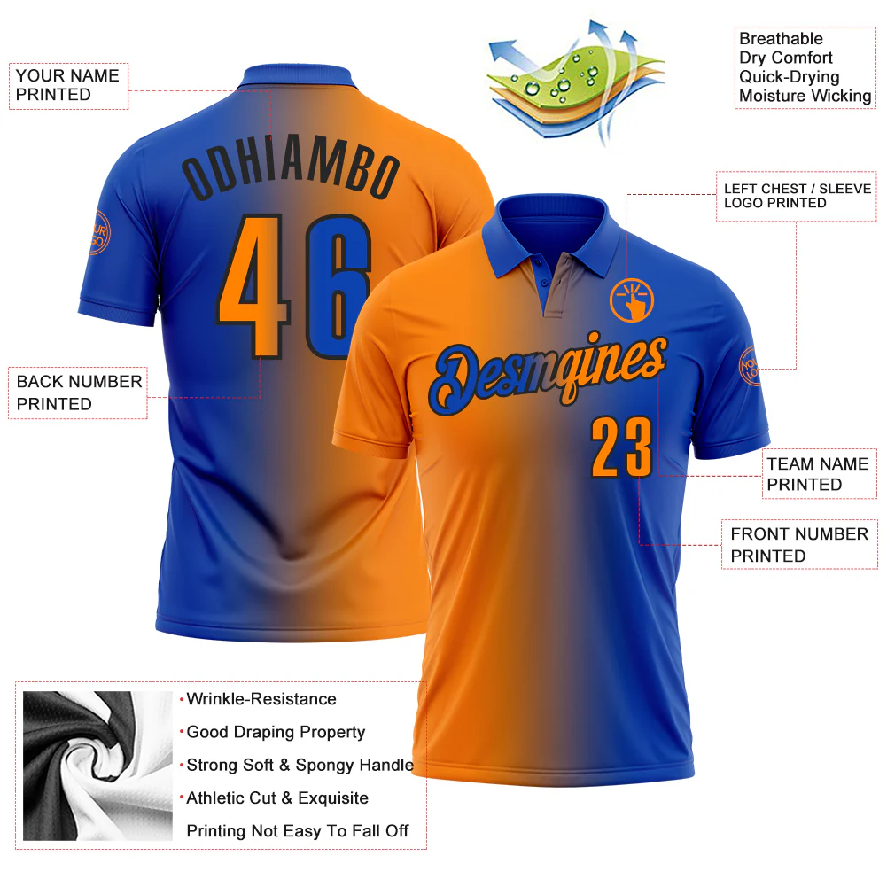 Custom Thunder Blue Bay Orange-Black 3D Gradient Fashion Performance Polo Shirt - Image 3