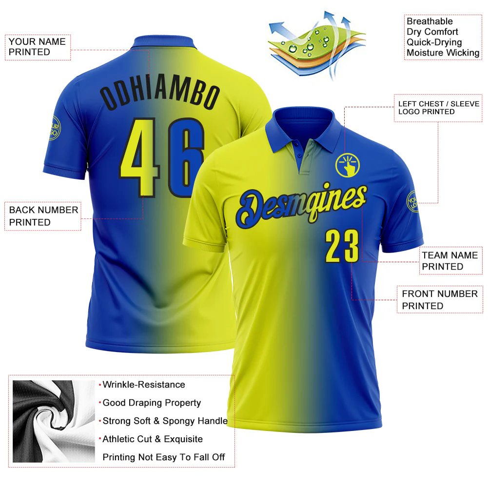 Custom Thunder Blue Neon Yellow-Black 3D Gradient Fashion Performance Polo Shirt - Image 3