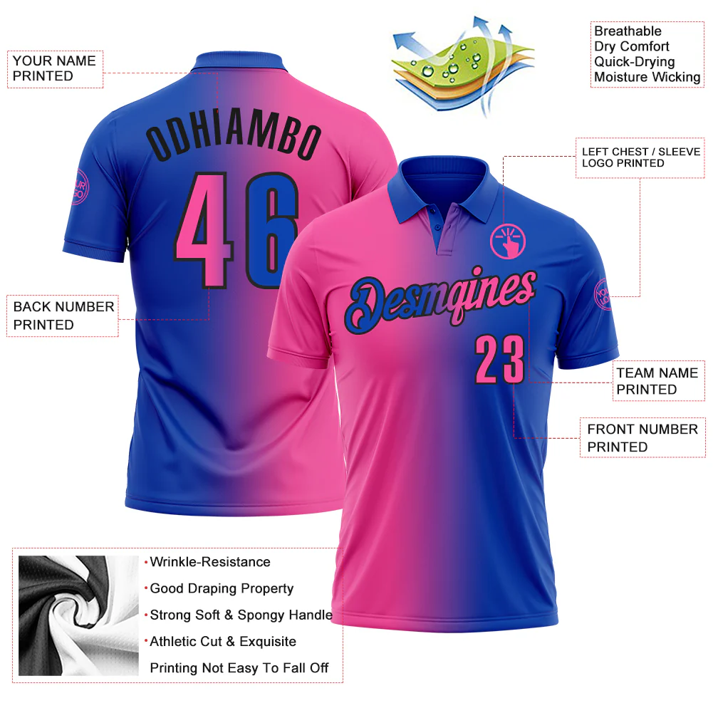 Custom Thunder Blue Pink-Black 3D Gradient Fashion Performance Polo Shirt - Image 3