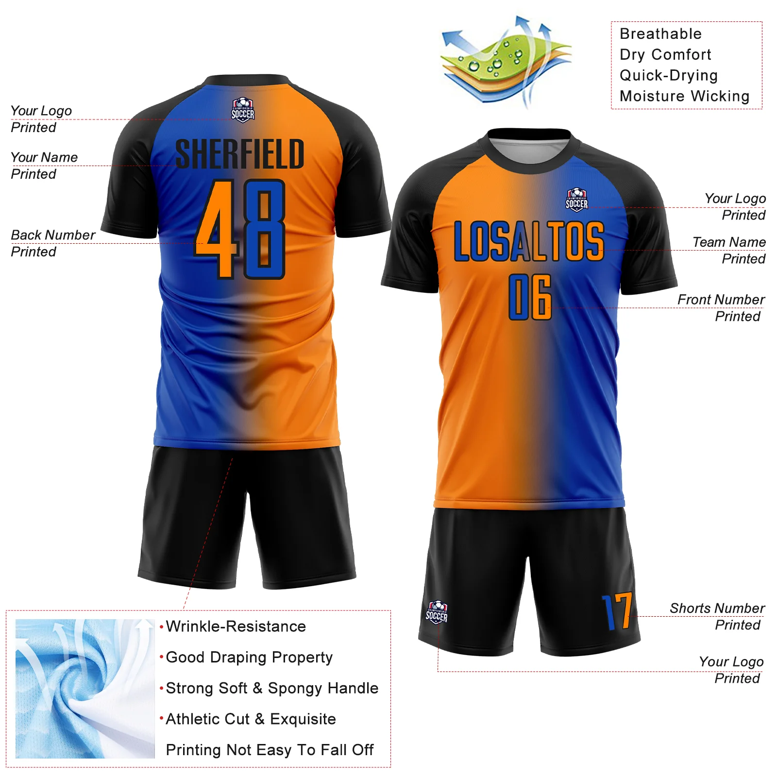 Custom Thunder Blue Bay Orange-Black Sublimation Gradient Fashion Soccer Uniform Jersey - Image 4