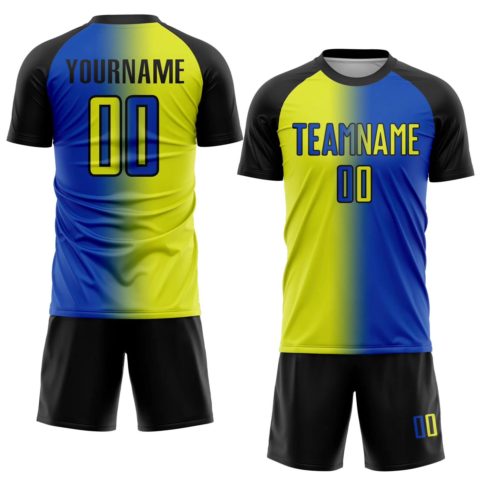 Custom Thunder Blue Neon Yellow-Black Sublimation Gradient Fashion Soccer Uniform Jersey - Image 2