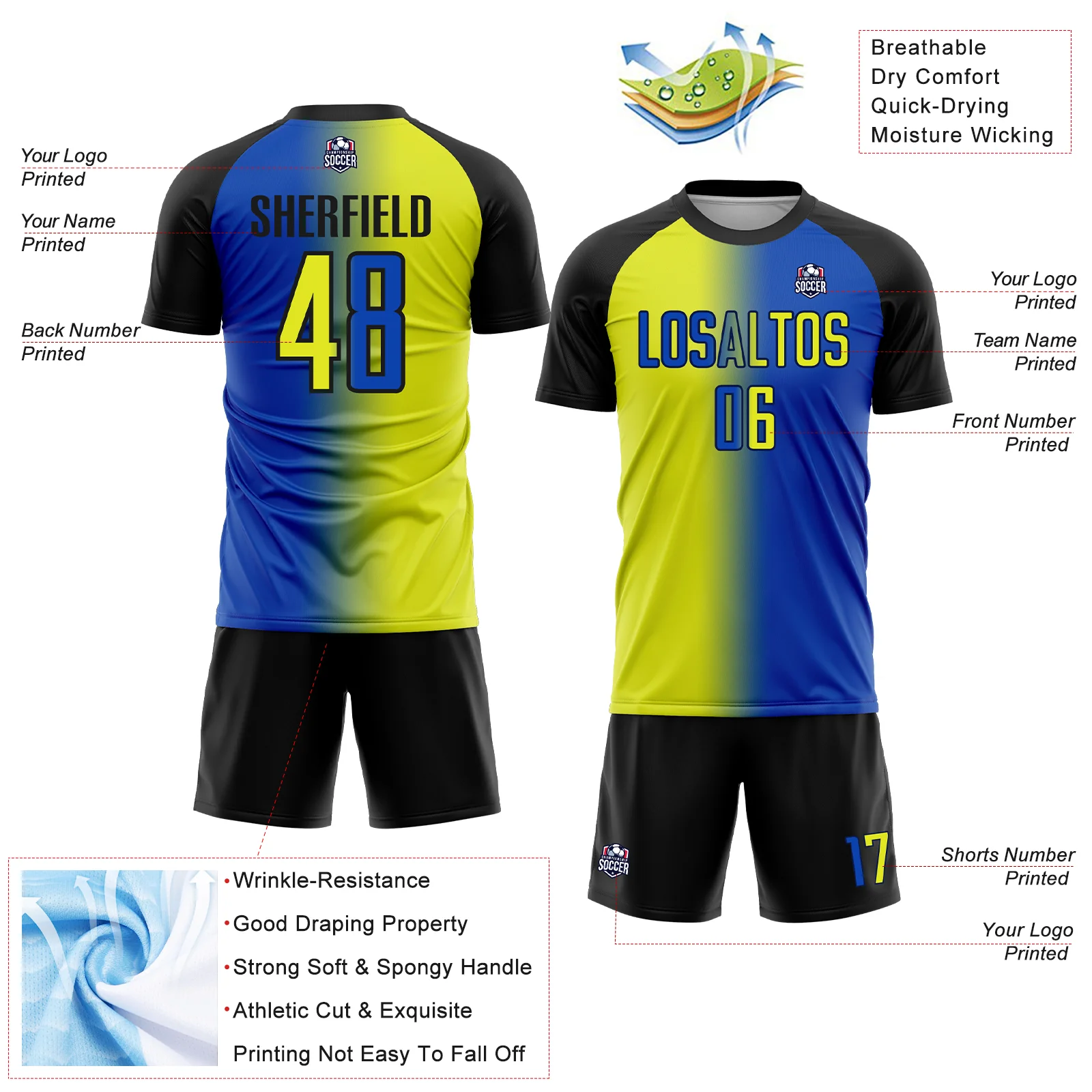 Custom Thunder Blue Neon Yellow-Black Sublimation Gradient Fashion Soccer Uniform Jersey - Image 4