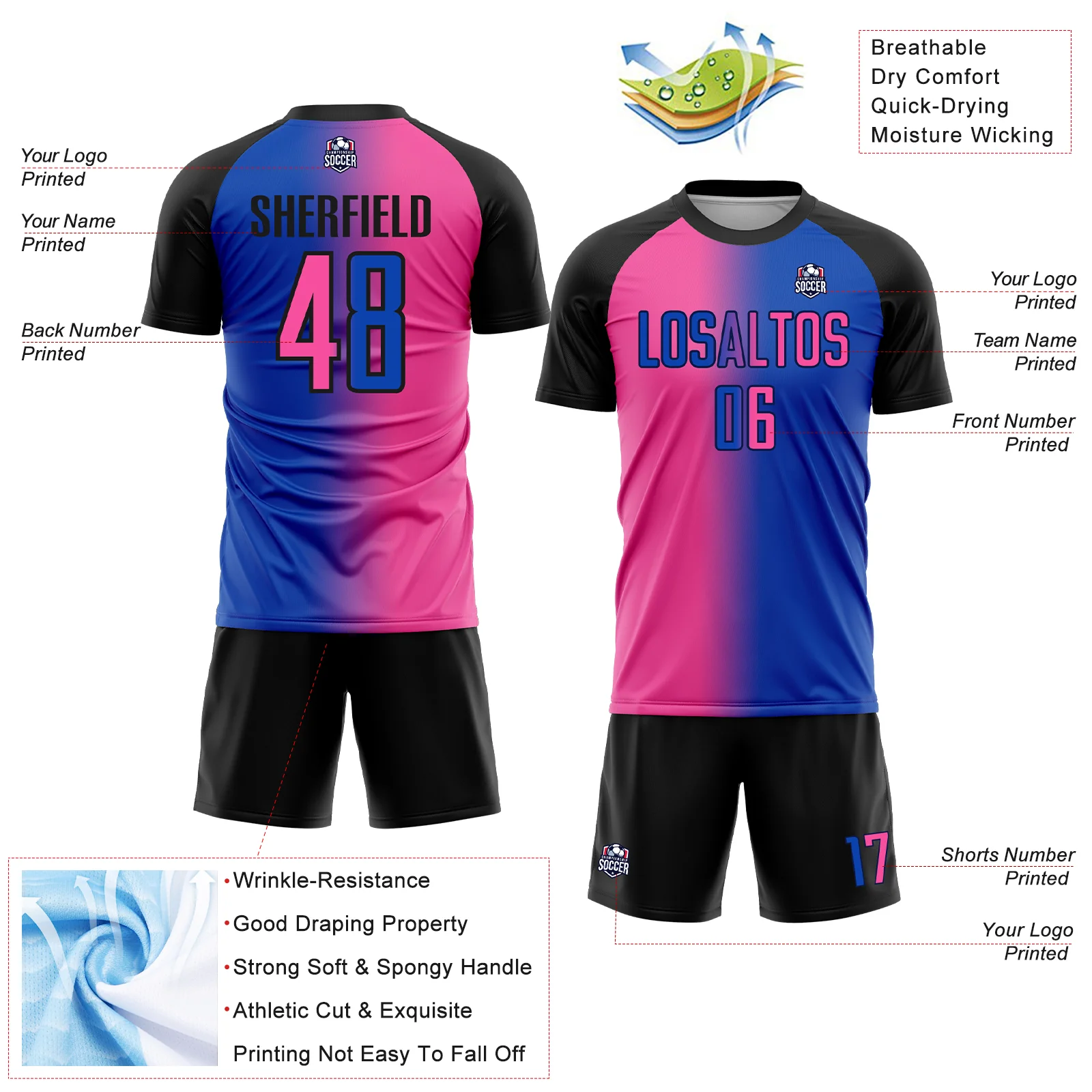 Custom Thunder Blue Pink-Black Sublimation Gradient Fashion Soccer Uniform Jersey - Image 4