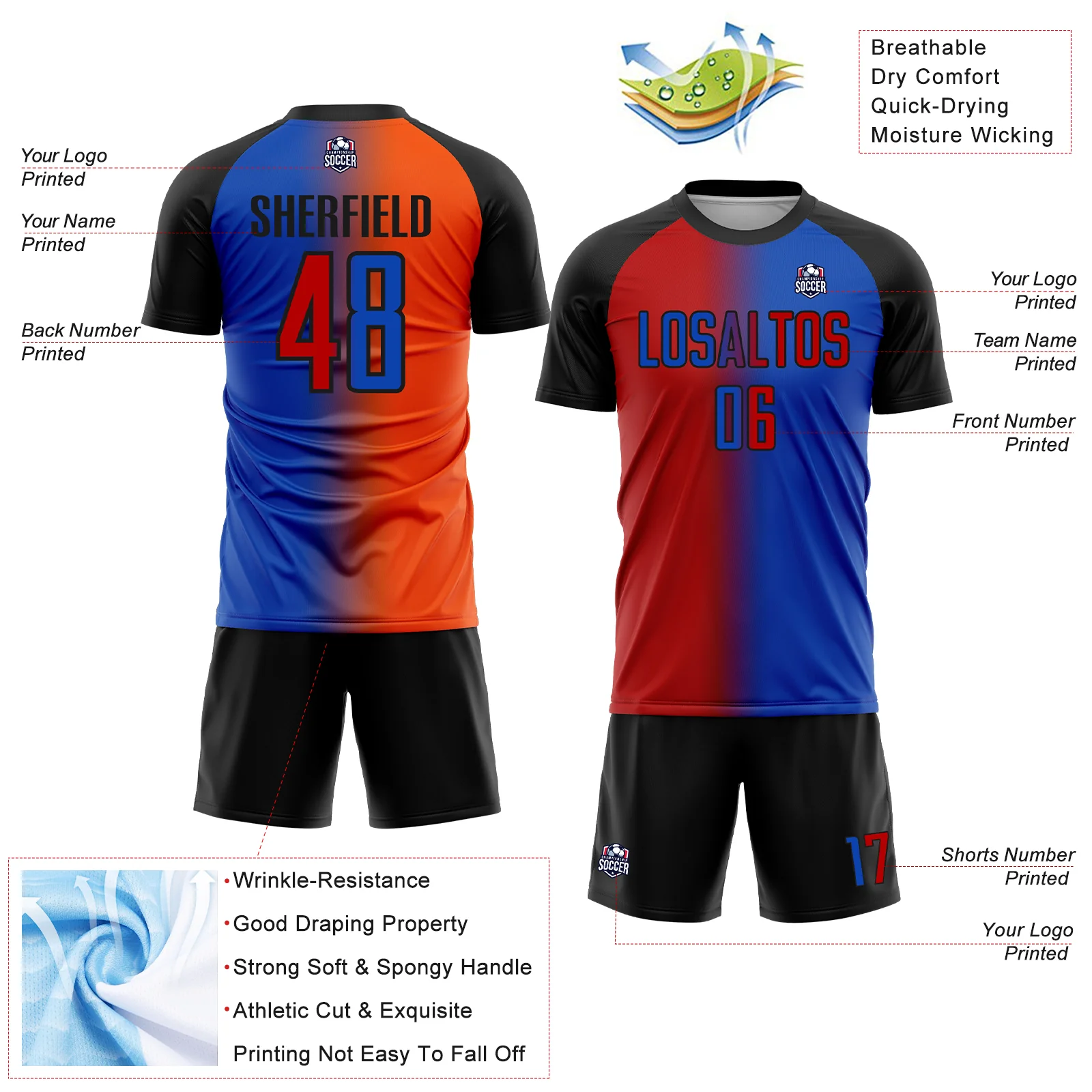 Custom Thunder Blue Red-Black Sublimation Gradient Fashion Soccer Uniform Jersey - Image 4