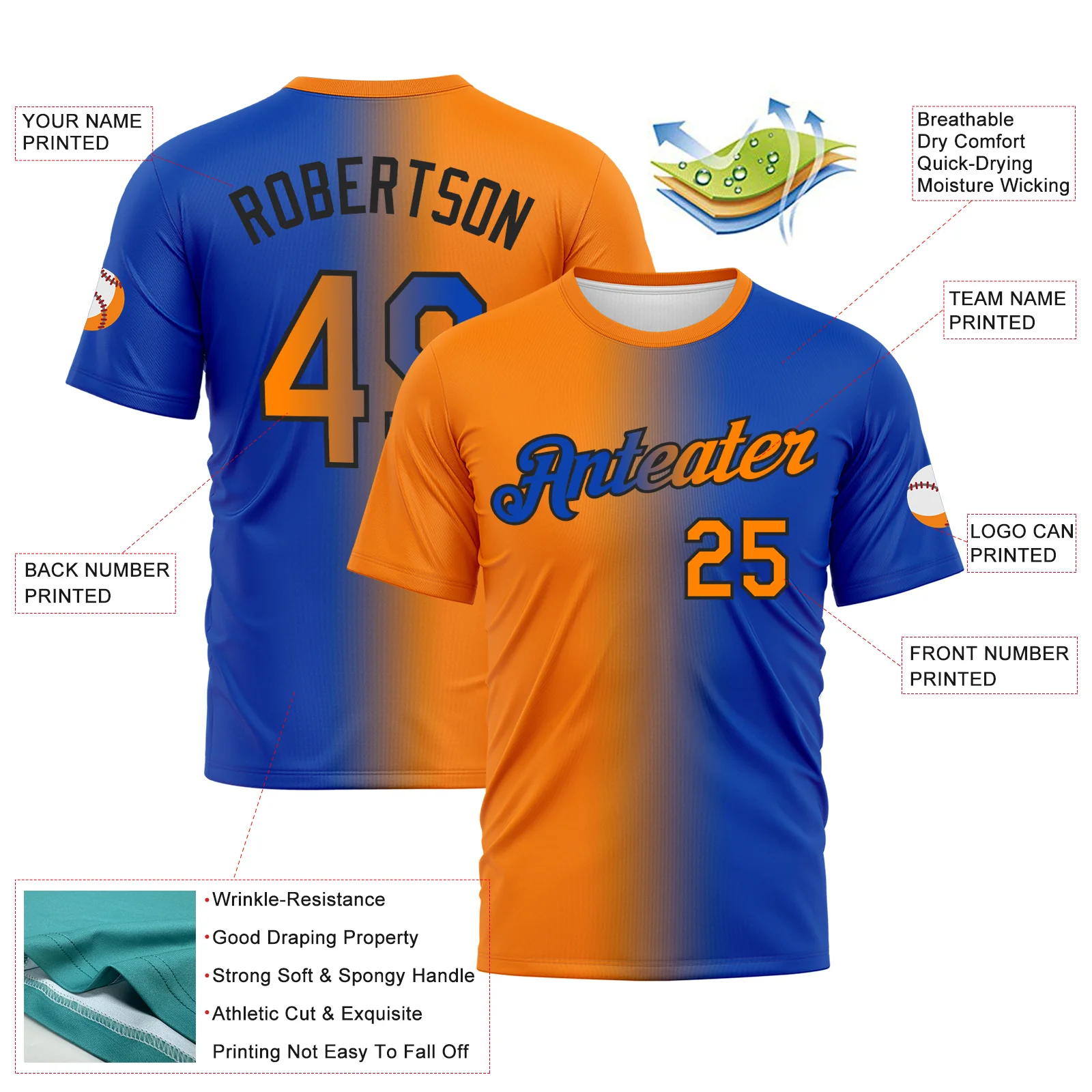 Custom Thunder Blue Bay Orange-Black Gradient Fashion Performance T-Shirt - Image 2
