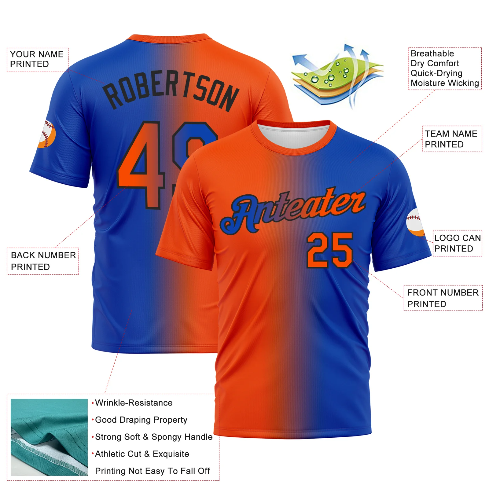Custom Thunder Blue Orange-Black Gradient Fashion Performance T-Shirt - Image 3