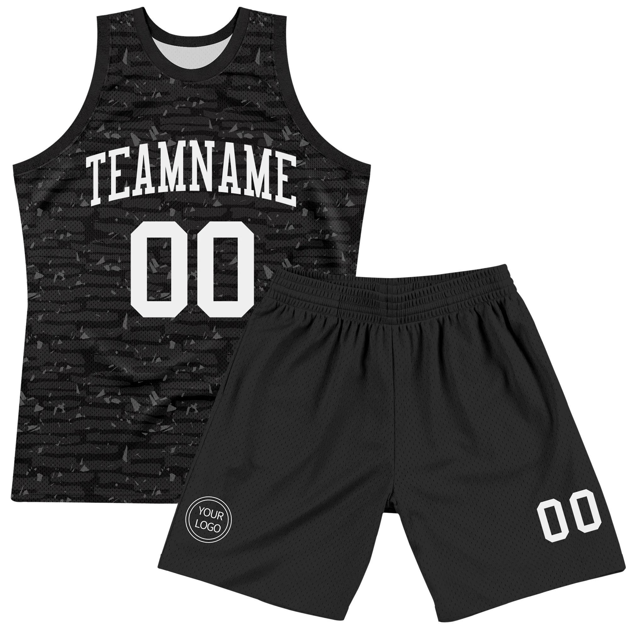 Custom Black White Fragment Art Round Neck Sublimation Basketball Suit Jersey - Image 2