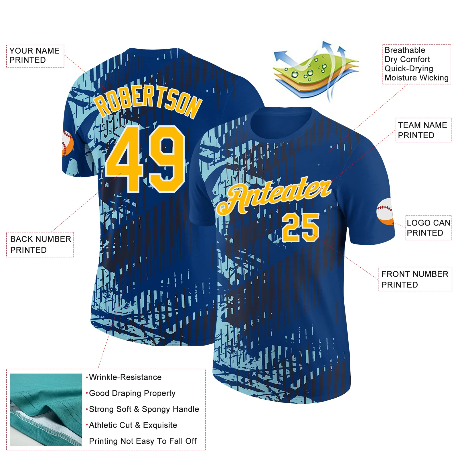 Custom US Navy Blue Gold Black-Ice Blue 3D Esports Performance T-Shirt - Image 2