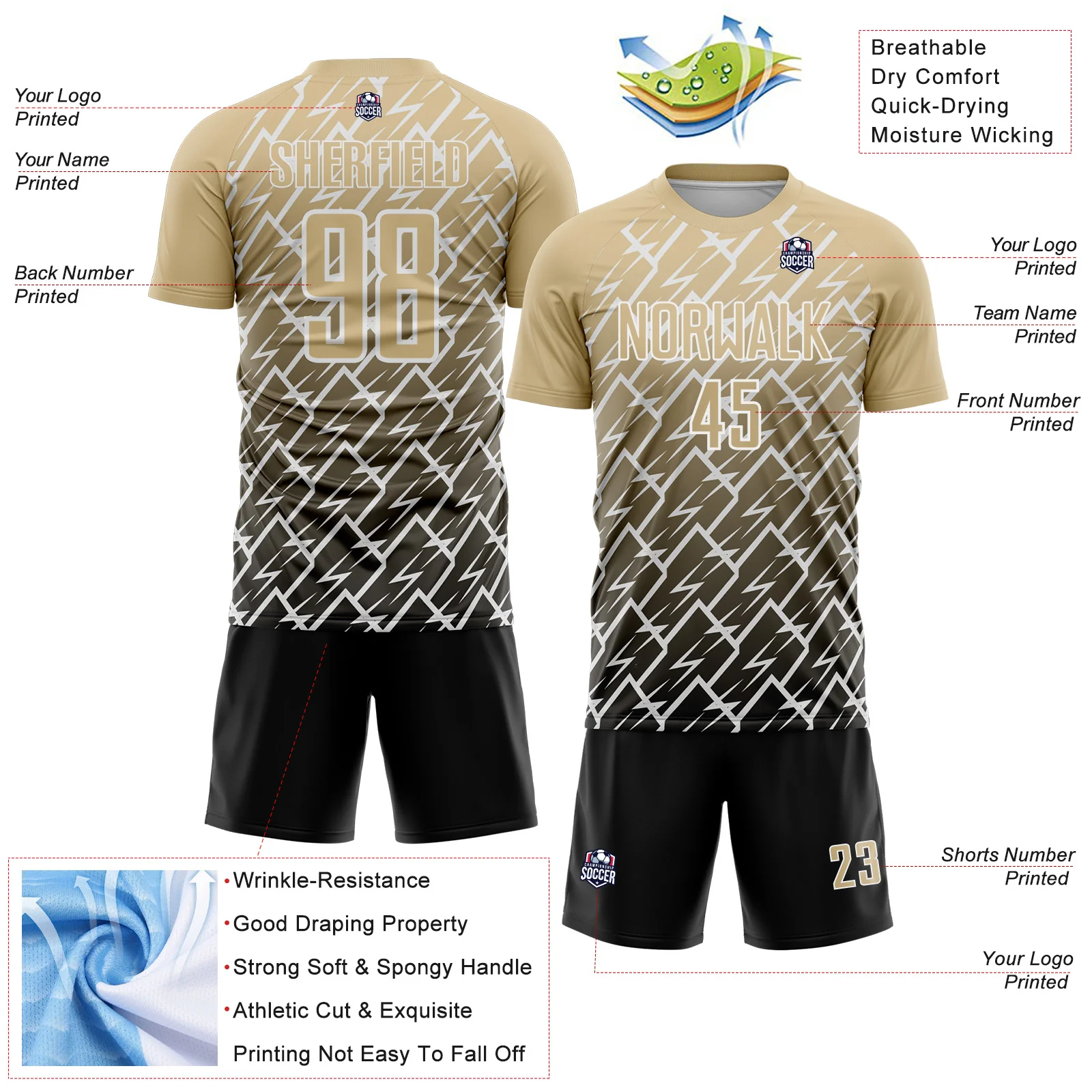 Custom Vegas Gold Black-White Lightning Sports Sublimation Soccer Uniform Jersey - Image 4