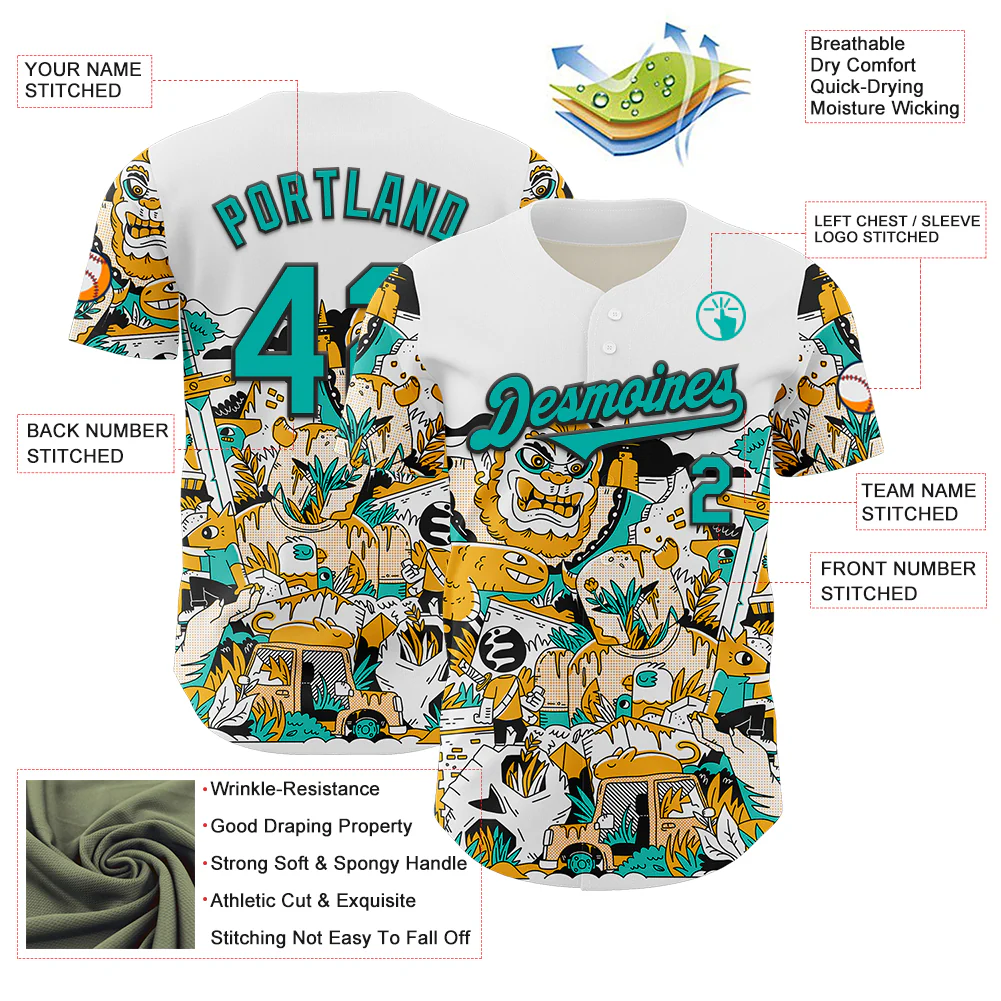 Custom White Aqua-Black 3D Geo Law Monsters Home Authentic Baseball Jersey - Image 3