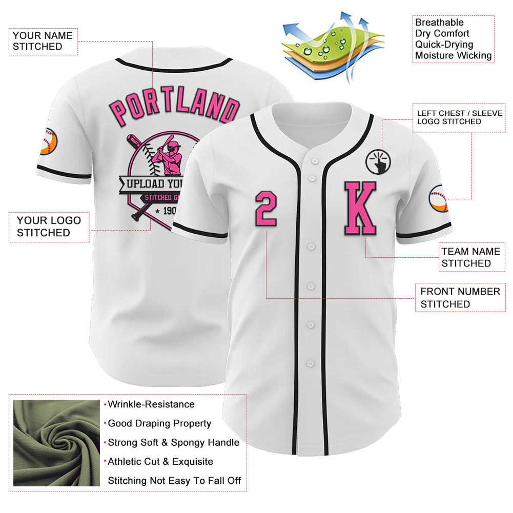 Custom White Pink-Black Authentic Baseball Jersey - Image 6