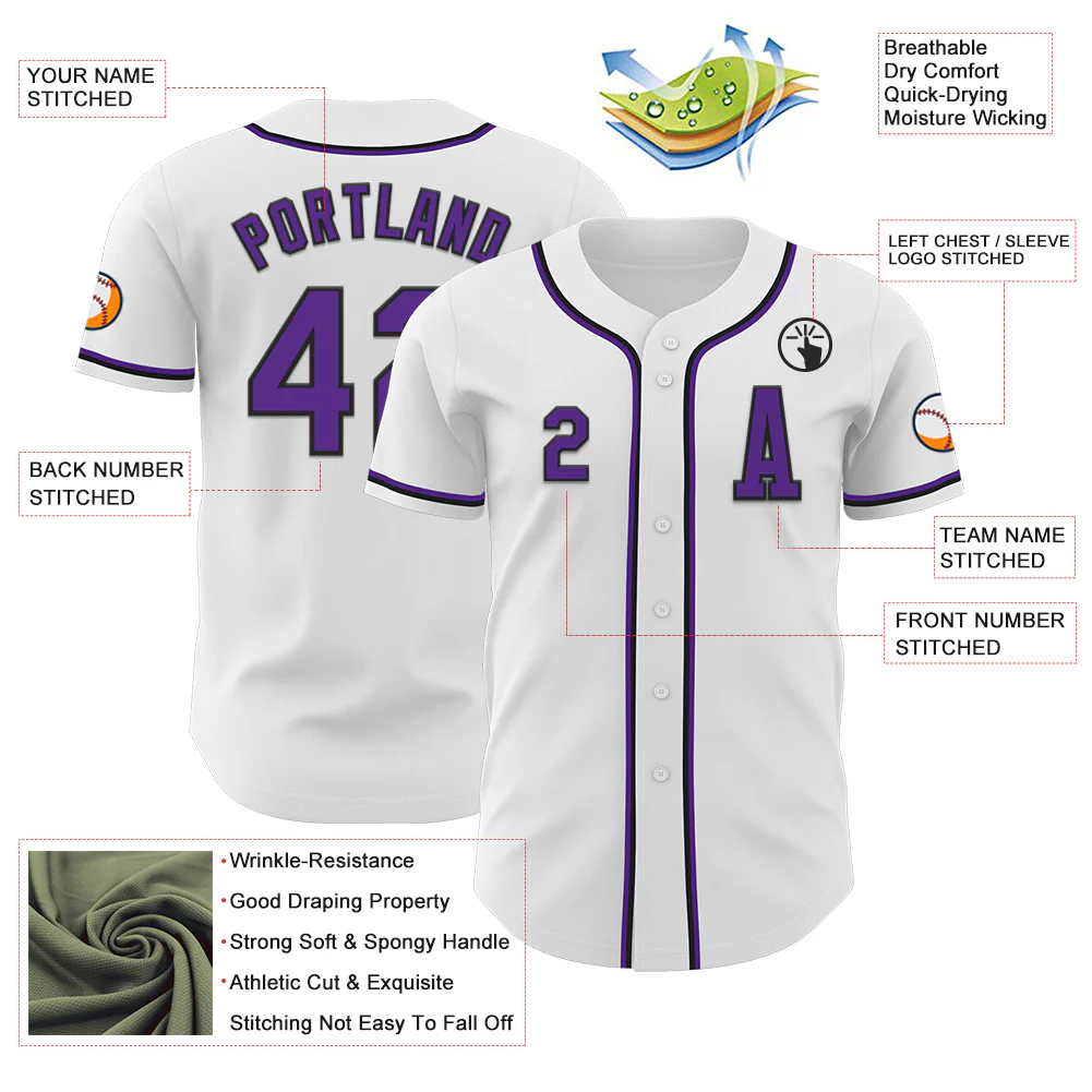 Custom White Purple-Black Authentic Baseball Jersey - Image 2