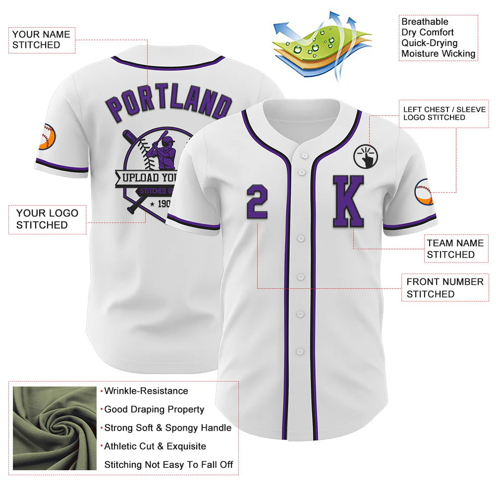 Custom White Purple-Black Authentic Baseball Jersey - Image 6