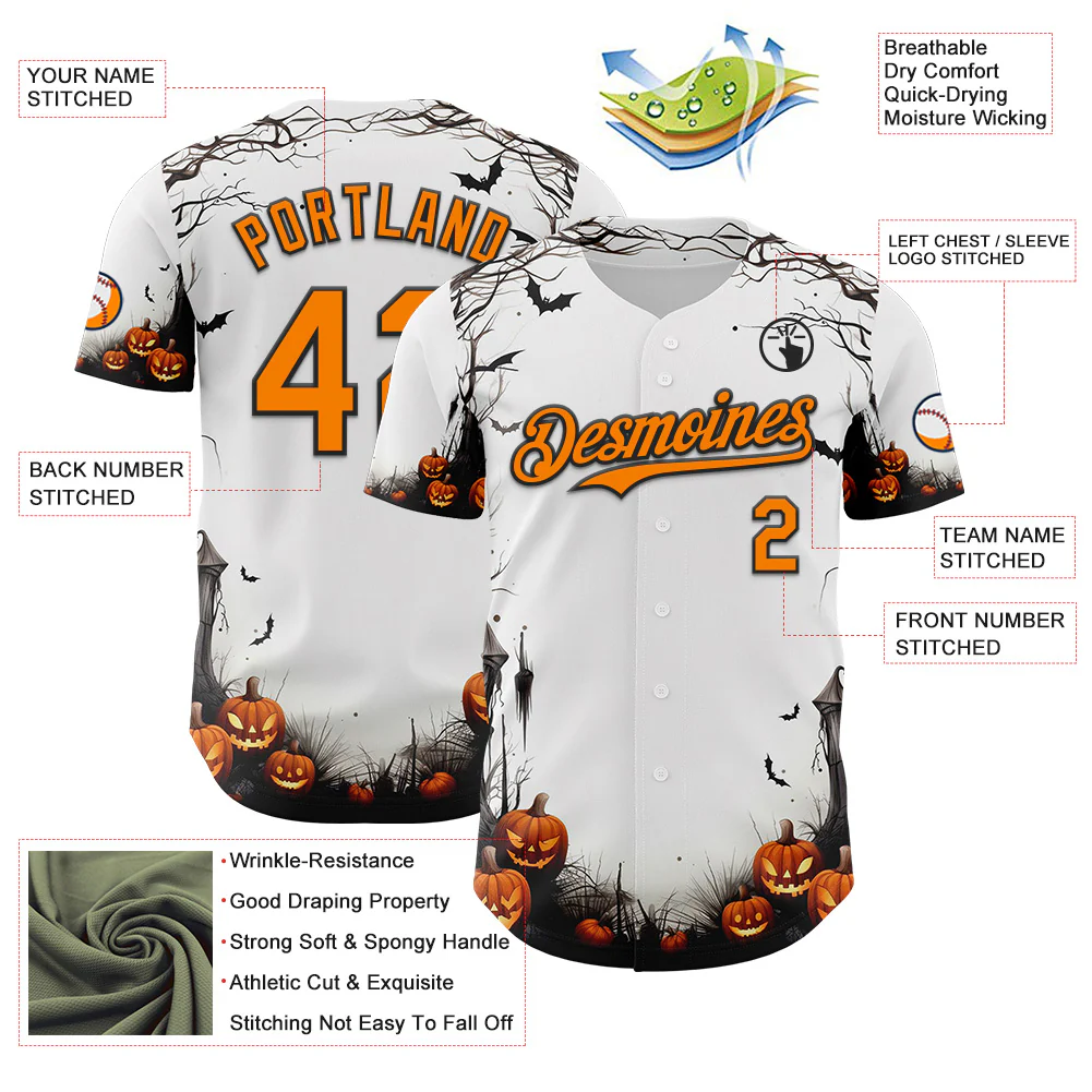 Custom White Bay Orange-Black 3D Halloween Spooky Pumpkin Authentic Baseball Jersey - Image 3