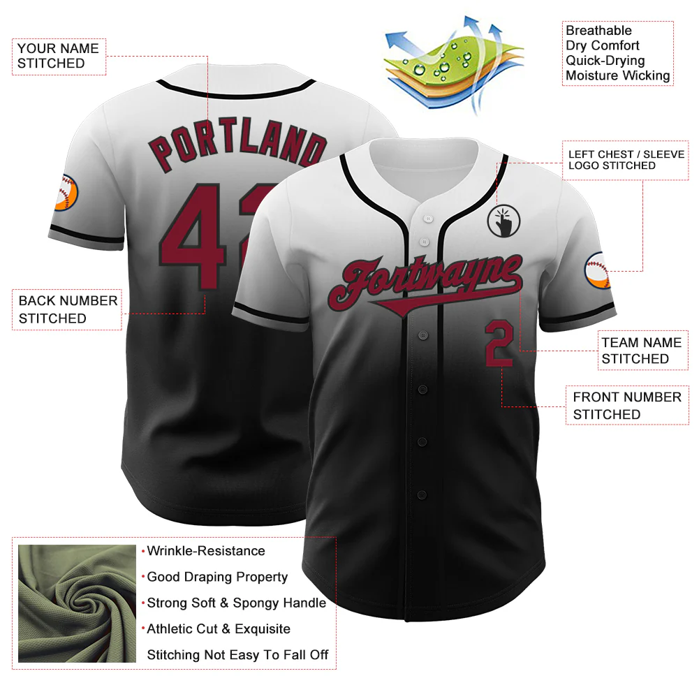 Custom White Crimson-Black Authentic Fade Fashion Baseball Jersey - Image 3