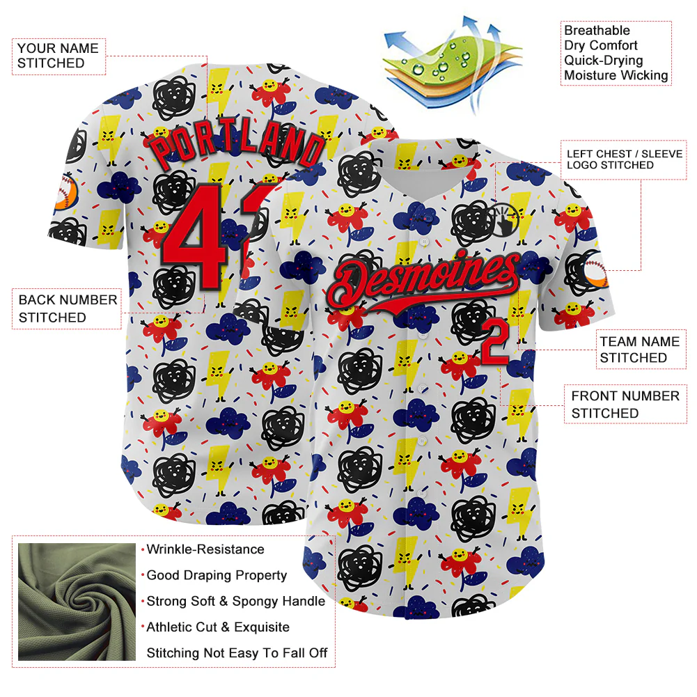 Custom White Fire Red-Black 3D Pattern Design Funny Cartoon Flower Cloud Lightning Authentic Baseball Jersey - Image 3