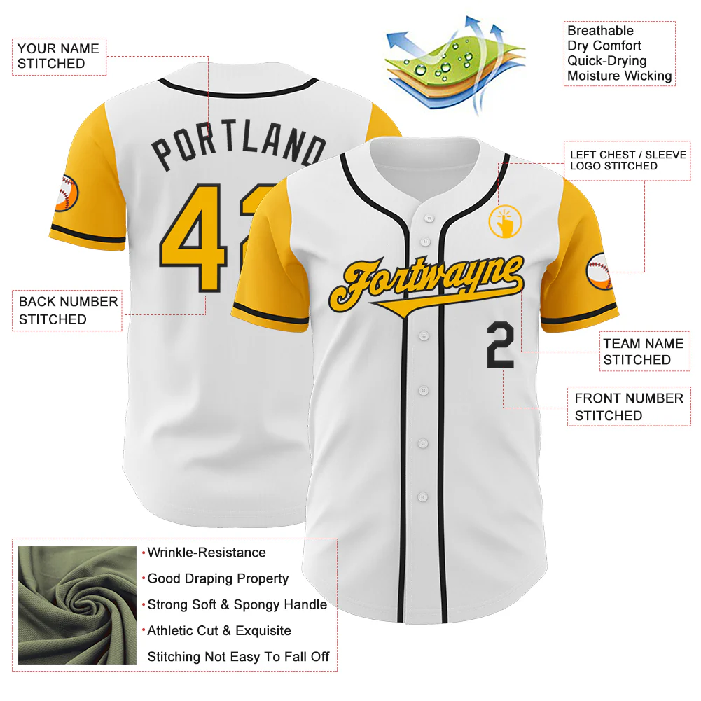 Custom White Gold-Black Authentic Two Tone Baseball Jersey - Image 3
