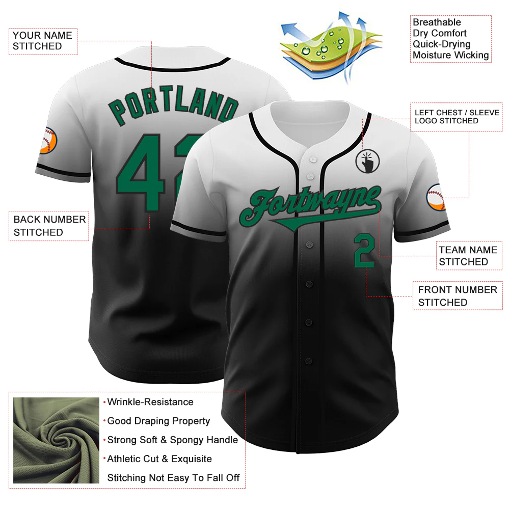 Custom White Kelly Green-Black Authentic Fade Fashion Baseball Jersey - Image 3