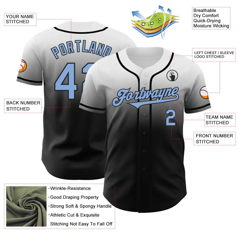 Custom White Light Blue-Black Authentic Fade Fashion Baseball Jersey - Image 3