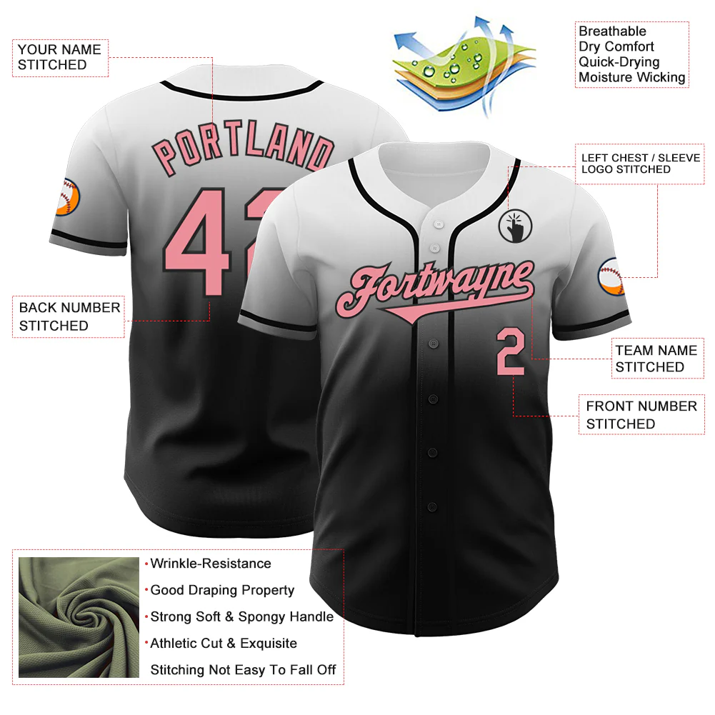 Custom White Medium Pink-Black Authentic Fade Fashion Baseball Jersey - Image 3