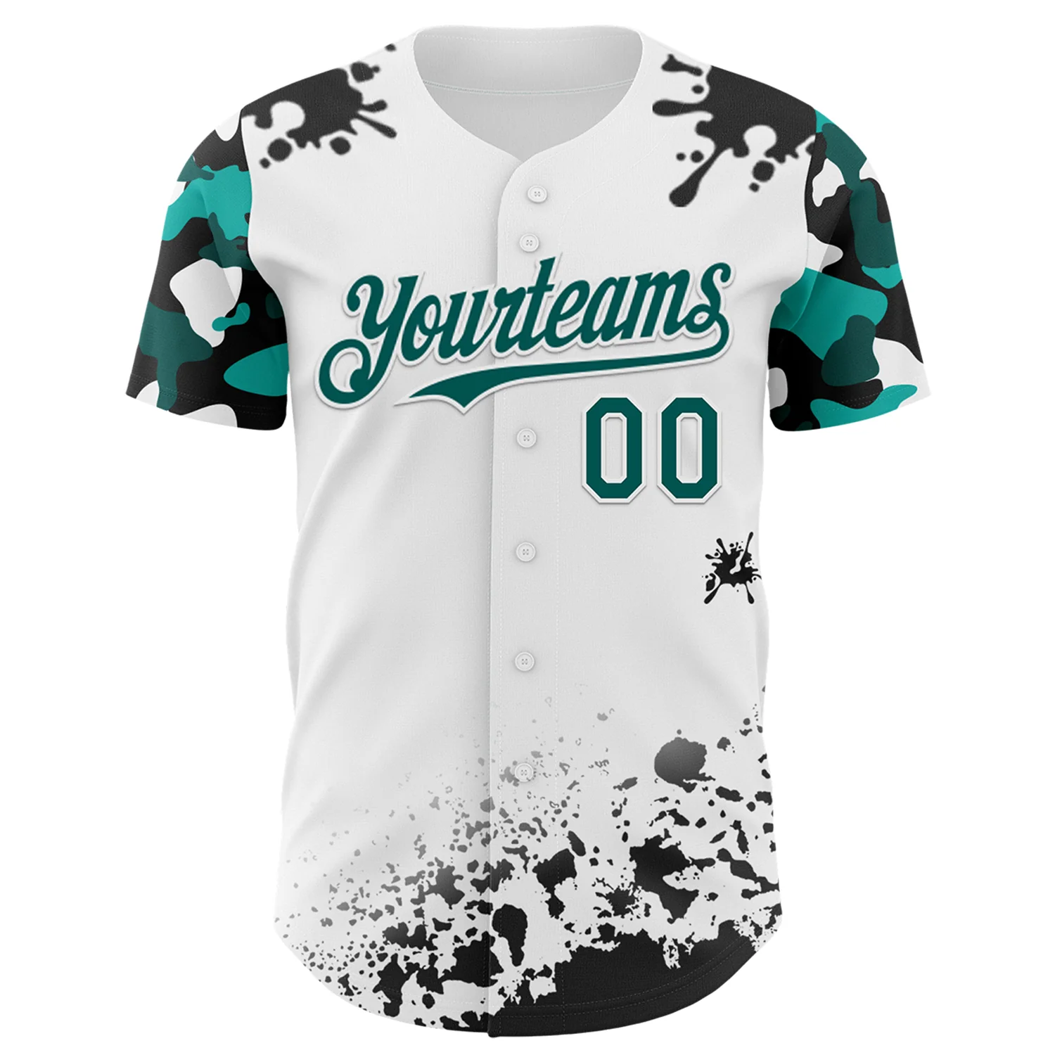 Custom White Midnight Green-Black Splatter Camo Two Tone Authentic Baseball Jersey - Image 2