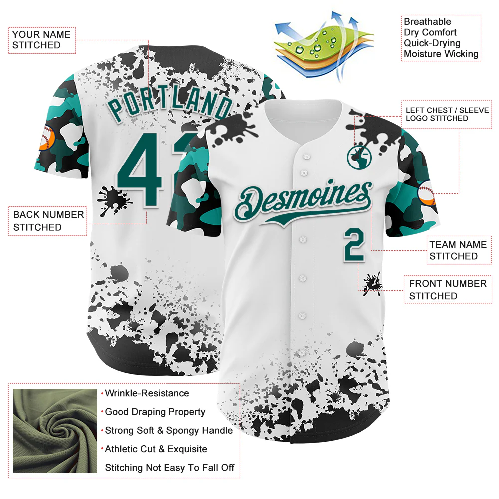 Custom White Midnight Green-Black Splatter Camo Two Tone Authentic Baseball Jersey - Image 3