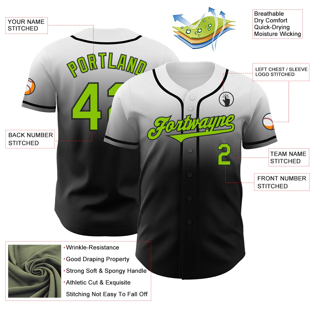 Custom White Neon Green-Black Authentic Fade Fashion Baseball Jersey - Image 3