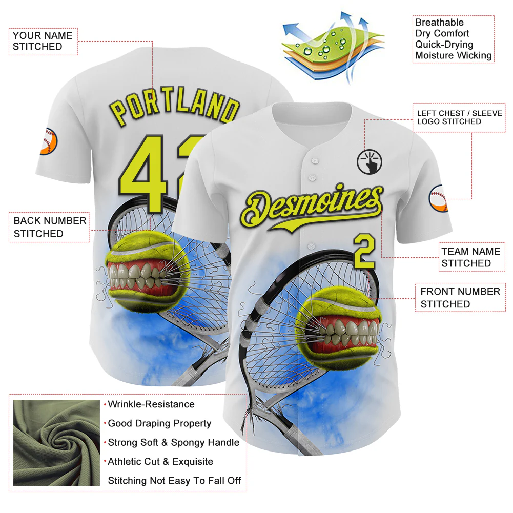 Custom White Neon Yellow-Black Tom Wood Monster Tennis Ball Authentic Baseball Jersey - Image 3