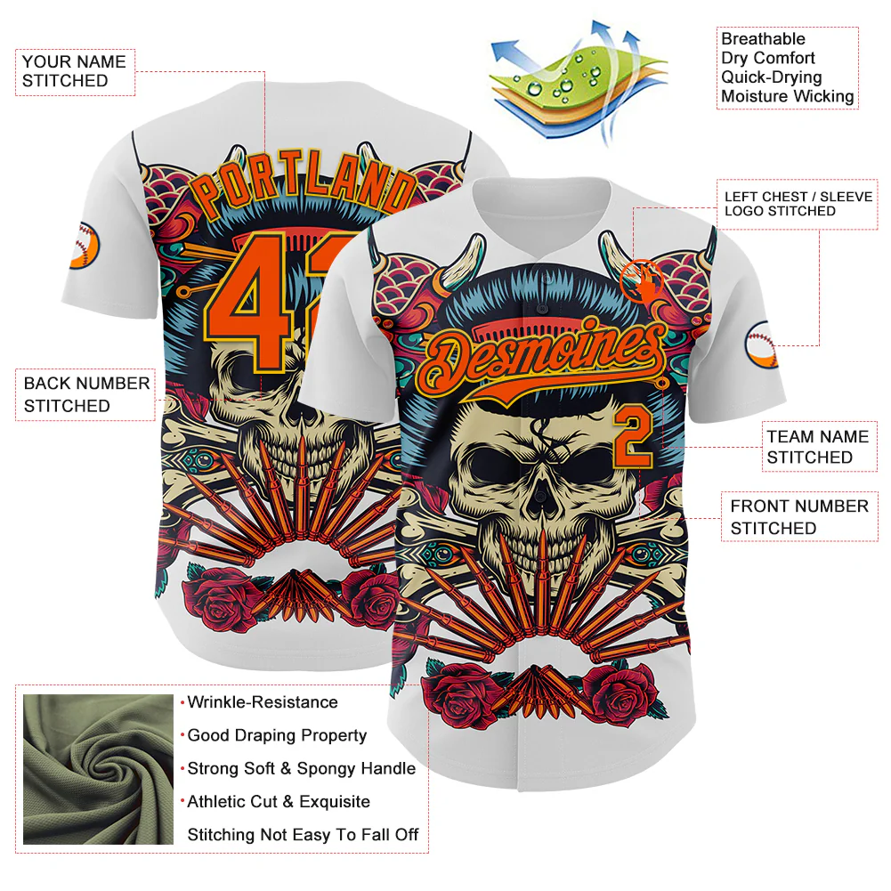 Custom White Orange Black-Yellow 3D Pattern Design Rave Party Vintage Geisha Skull Authentic Baseball Jersey - Image 3