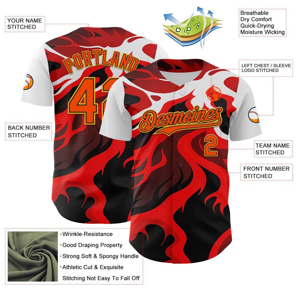 Custom White Orange Black-Yellow 3D Pattern Design Rave Party Flame Lava Authentic Baseball Jersey - Image 3