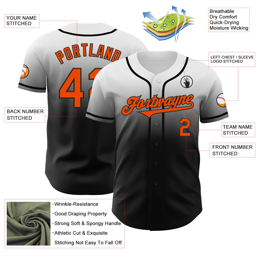 Custom White Orange-Black Authentic Fade Fashion Baseball Jersey - Image 3