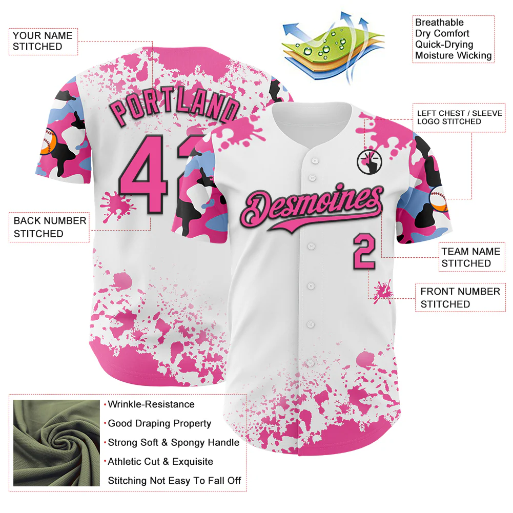 Custom White Pink Black-Blue Splatter Camo Two Tone Authentic Baseball Jersey - Image 3