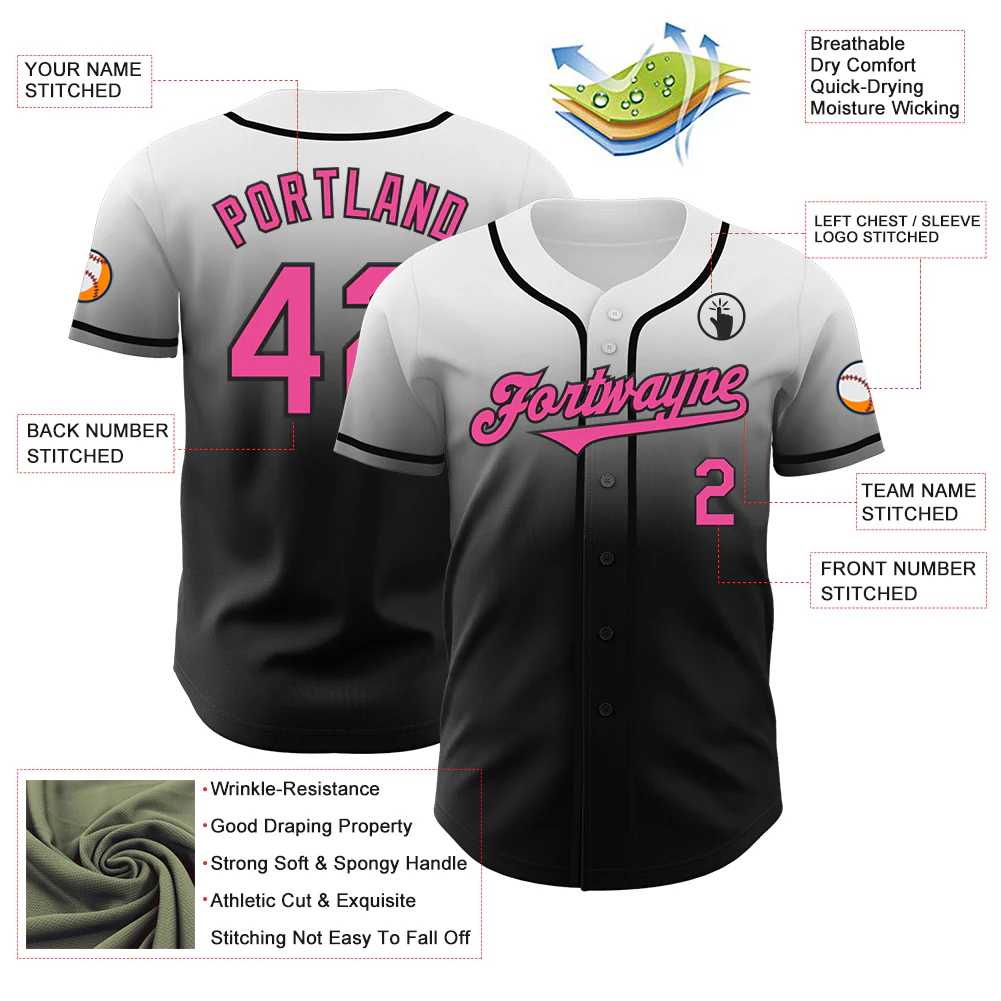 Custom White Pink-Black Authentic Fade Fashion Baseball Jersey - Image 3