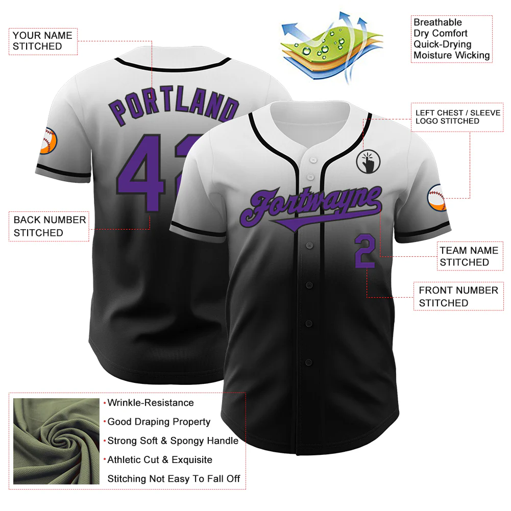 Custom White Purple-Black Authentic Fade Fashion Baseball Jersey - Image 3
