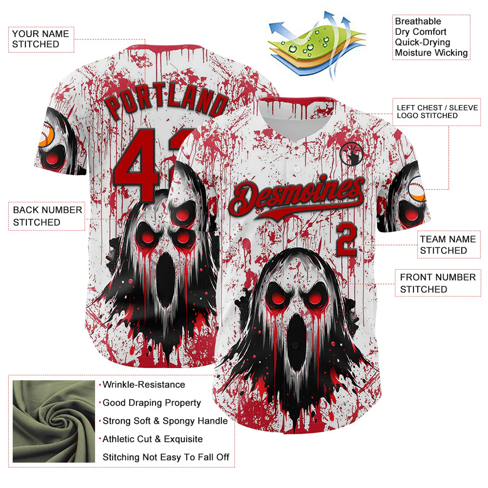 Custom White Red-Black 3D Halloween Creepy Blood Horror Authentic Baseball Jersey - Image 3