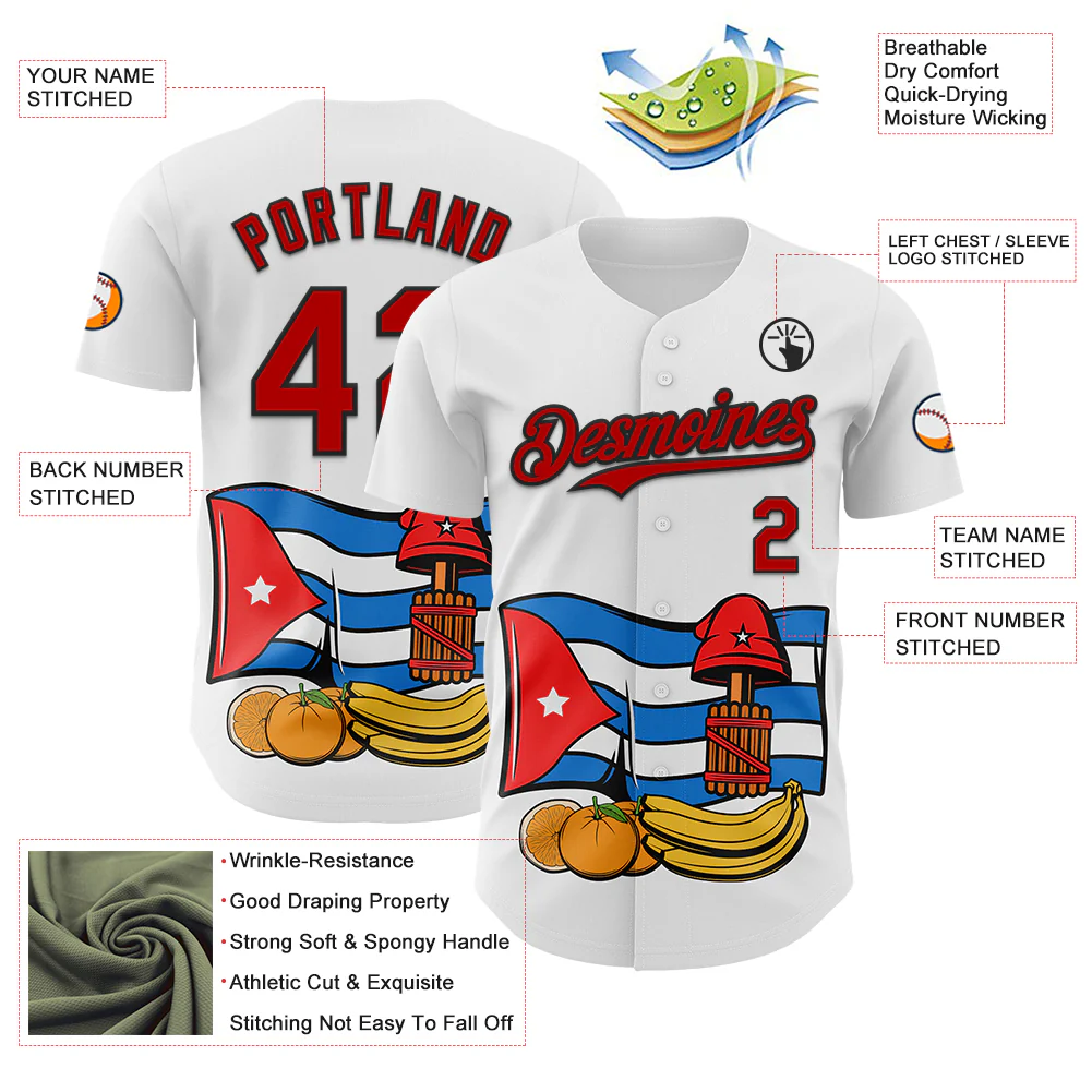 Custom White Red-Black 3D Cuba Cuban Flag Authentic Baseball Jersey - Image 3
