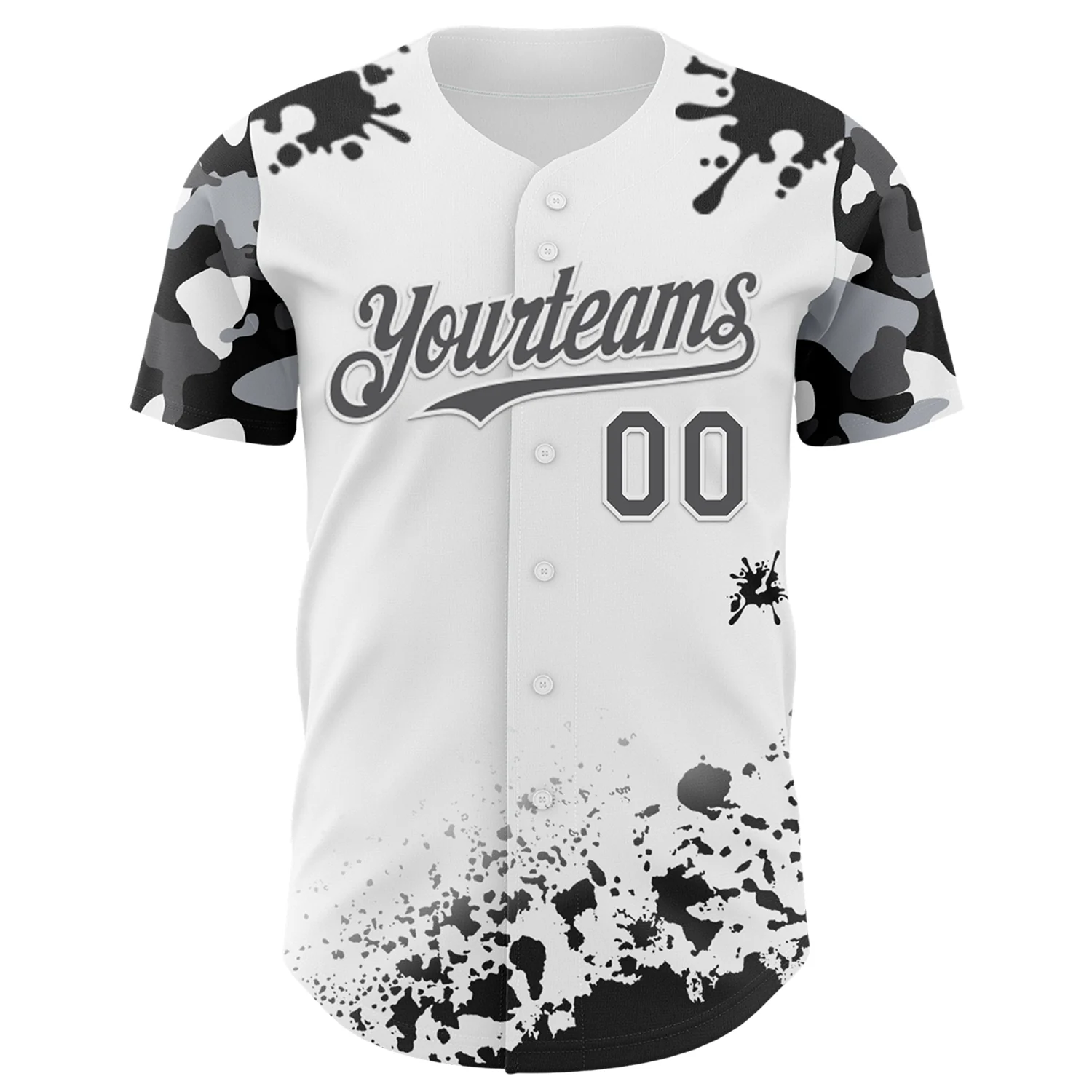 Custom White Steel Gray-Black Splatter Camo Two Tone Authentic Baseball Jersey - Image 2
