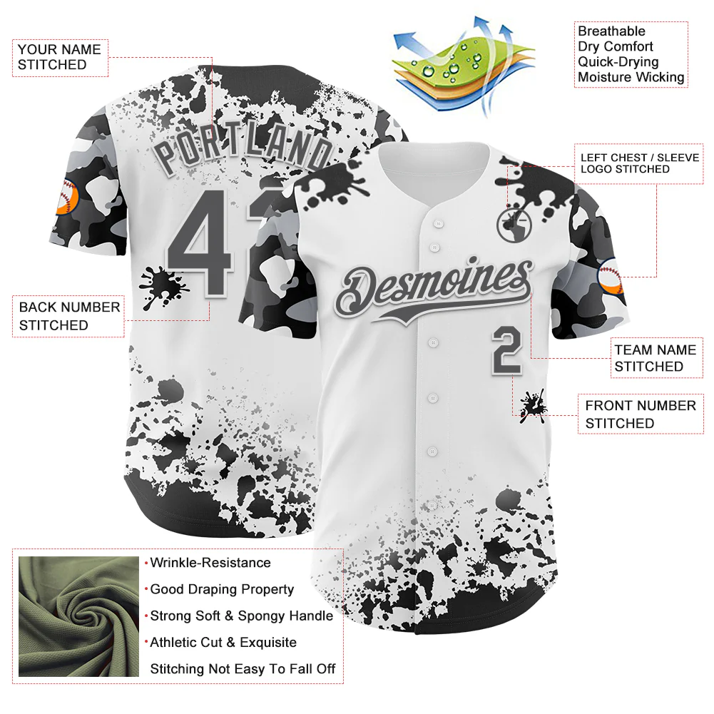 Custom White Steel Gray-Black Splatter Camo Two Tone Authentic Baseball Jersey - Image 3