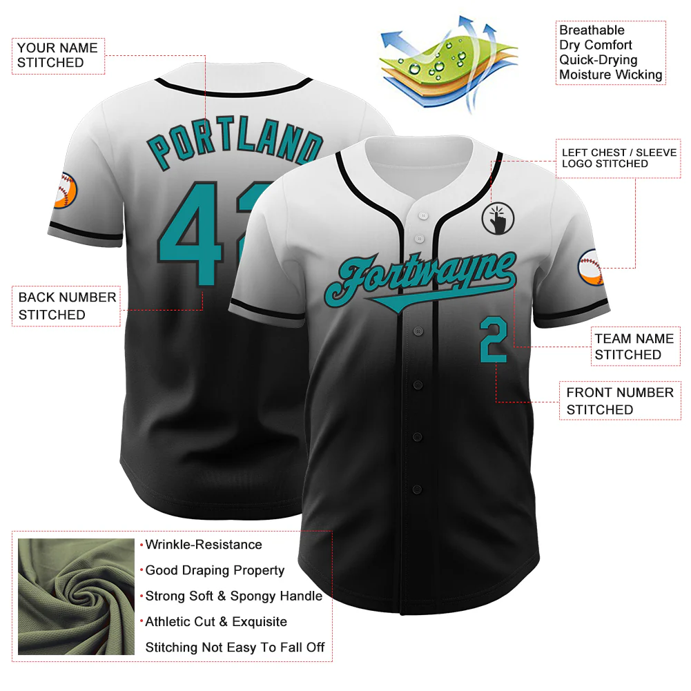 Custom White Teal-Black Authentic Fade Fashion Baseball Jersey - Image 3