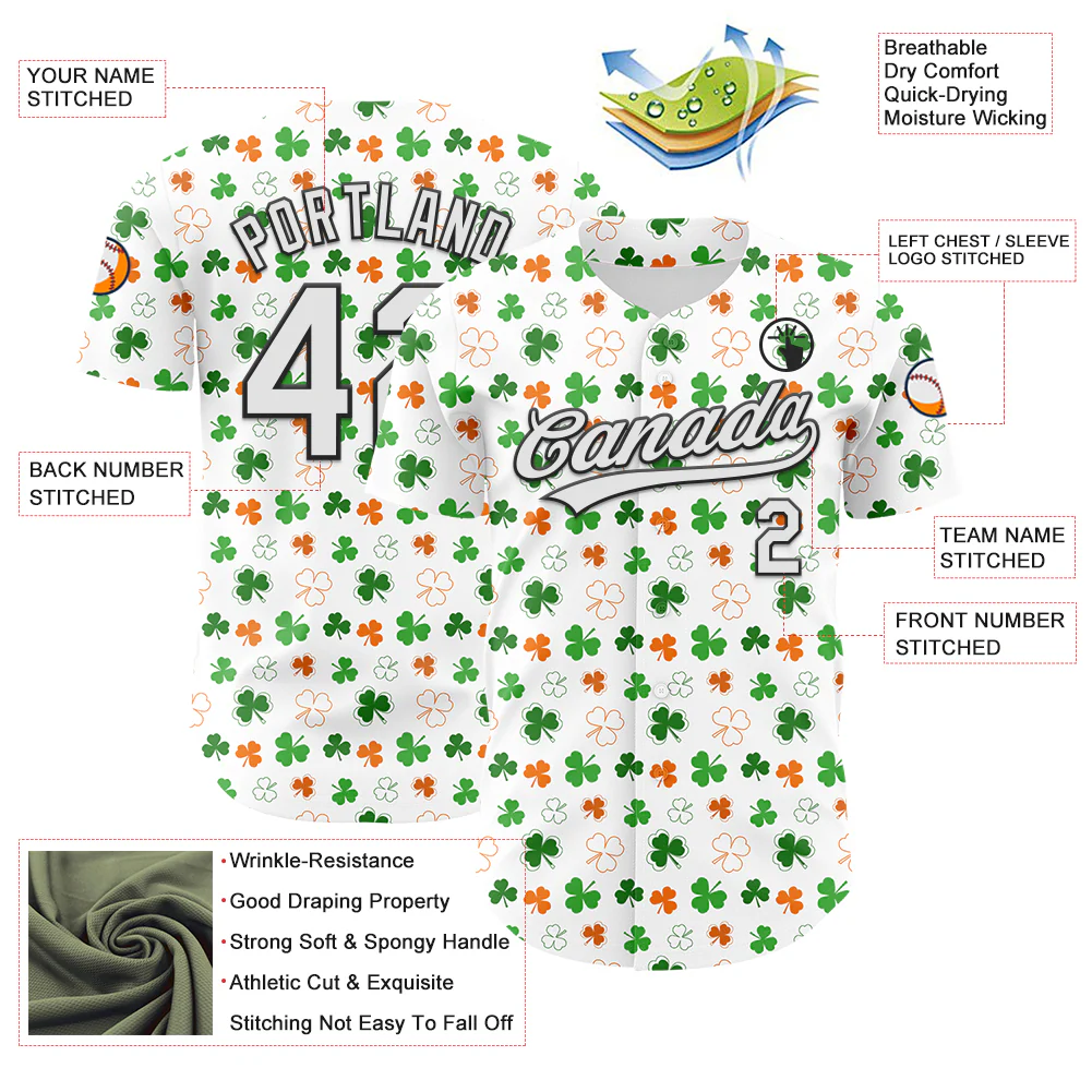 Custom White Black Green-Bay Orange 3D St. Patrick's Day Shamrock Authentic Baseball Jersey - Image 3