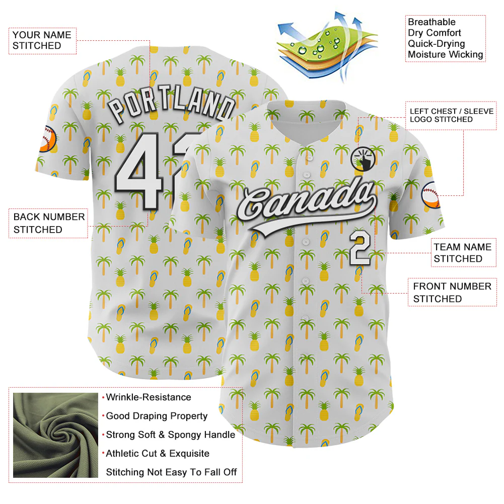 Custom White Black 3D Hawaii Tropical Palm Tree And Fruit Pineapple Authentic Baseball Jersey - Image 3